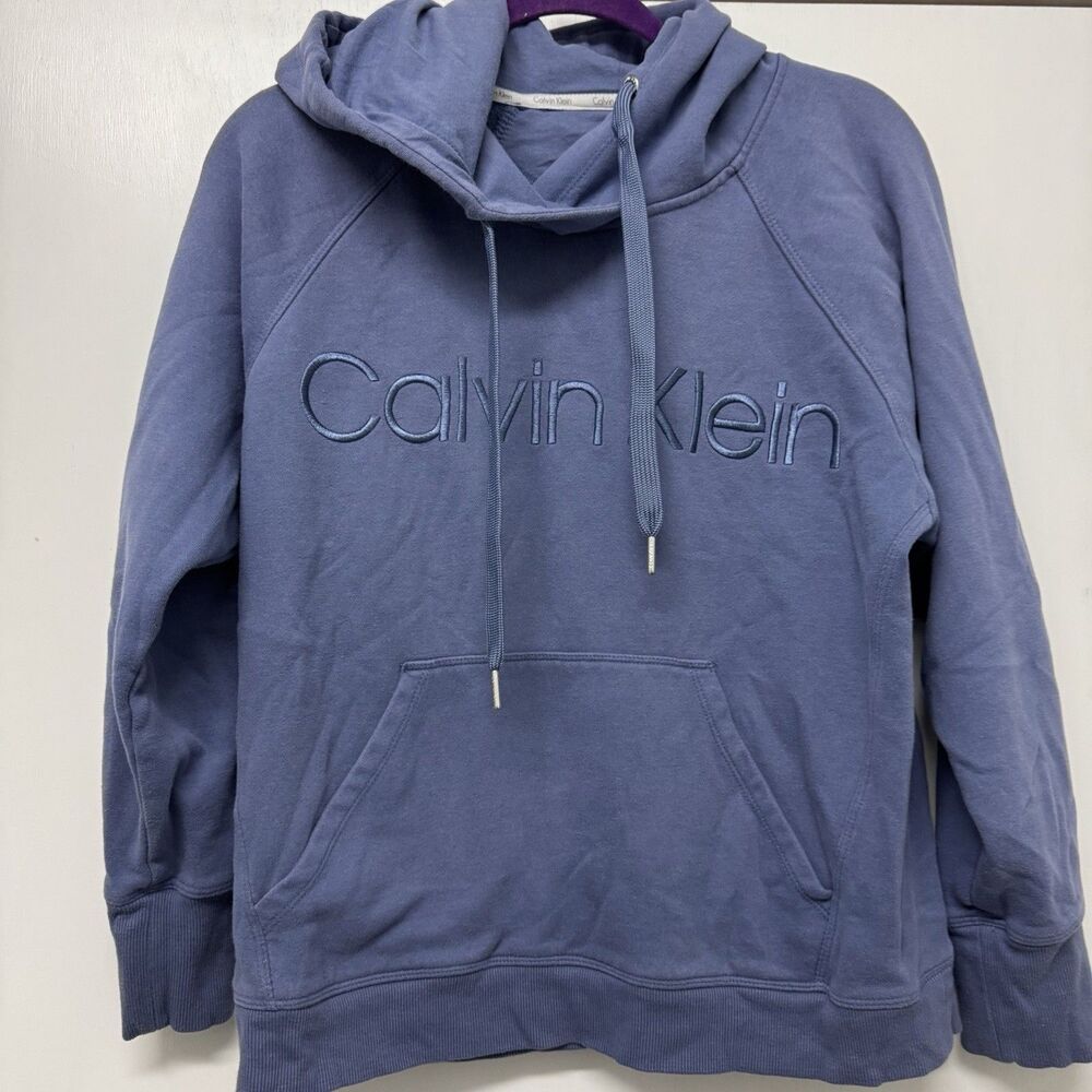 Calvin Klein Women Blue Spellout Logo Long Sleeve Drawstring Hoodie Sweatshirt M